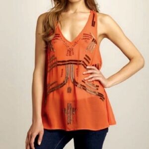 Orange Sleeveless Top with golden beaded Accents size S